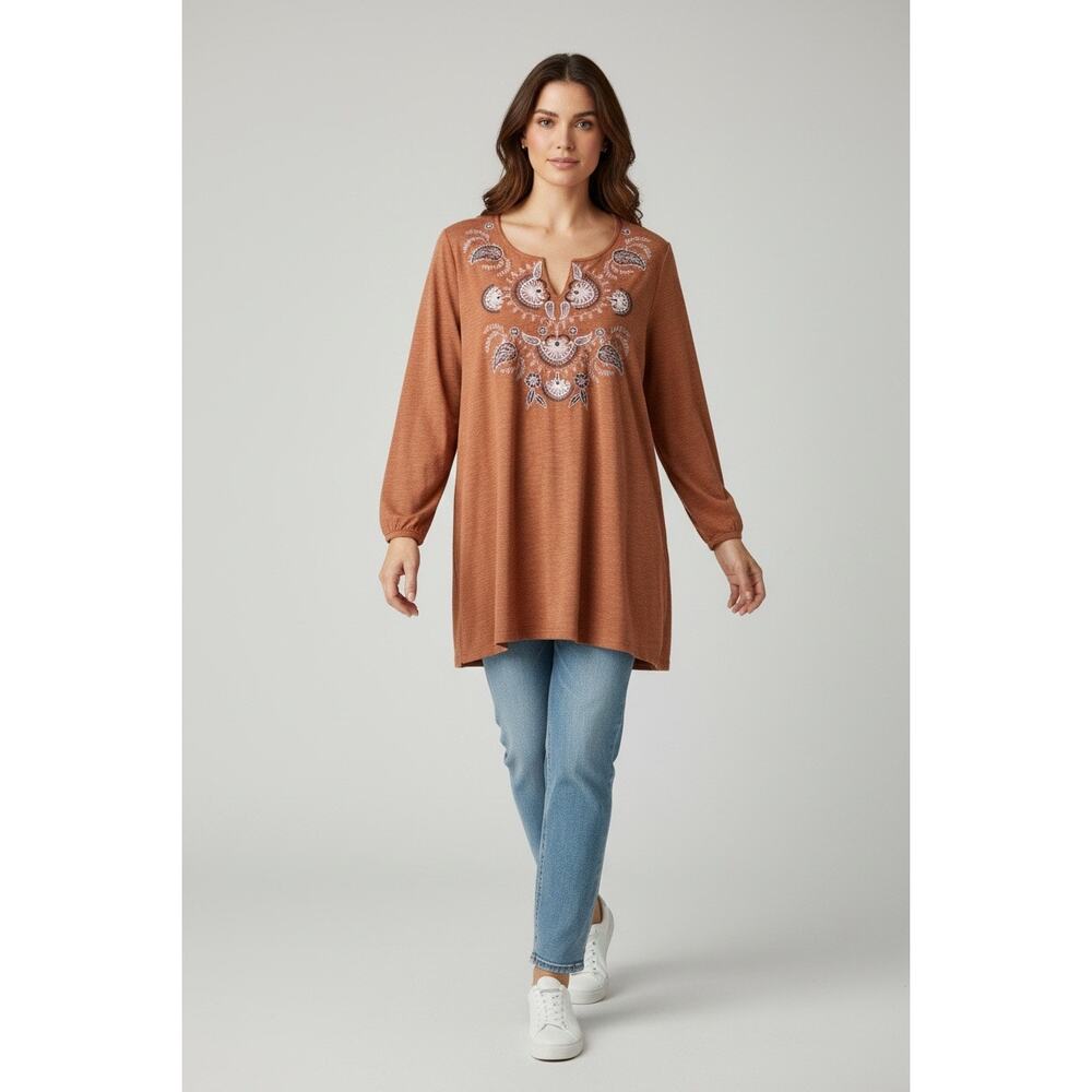 J Jill Boho Embroidered Paisley Tunic Top XL Burnt Orange Swing Blouse